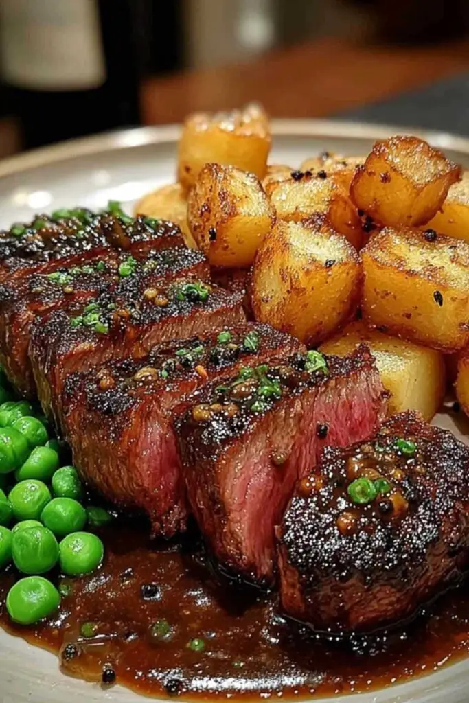 Bifteck Sauce au Poivre avec Pommes de Terre Rissolées et Petits Pois 2 Pommes de terre rissolées dorées et croustillantes