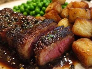 Assiette complète avec bifteck sauce au poivre, pommes rissolées et petits pois