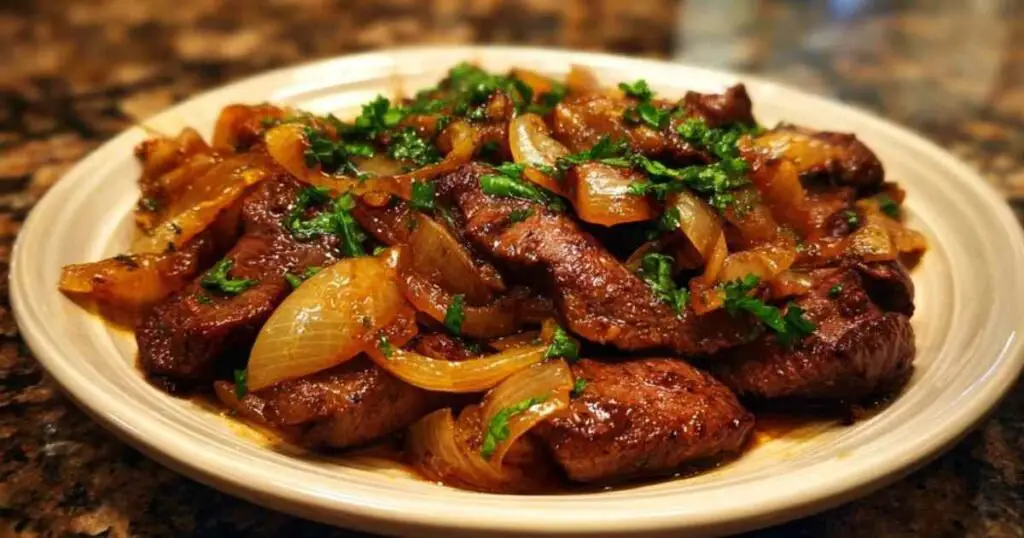 Bœuf Sauté aux Oignons 1 Cuisson du bœuf sauté aux oignons dans une poêle
