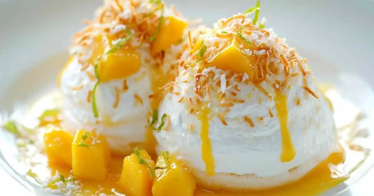Boule meringuée exotique garnie de noix de coco et zestes de citron vert