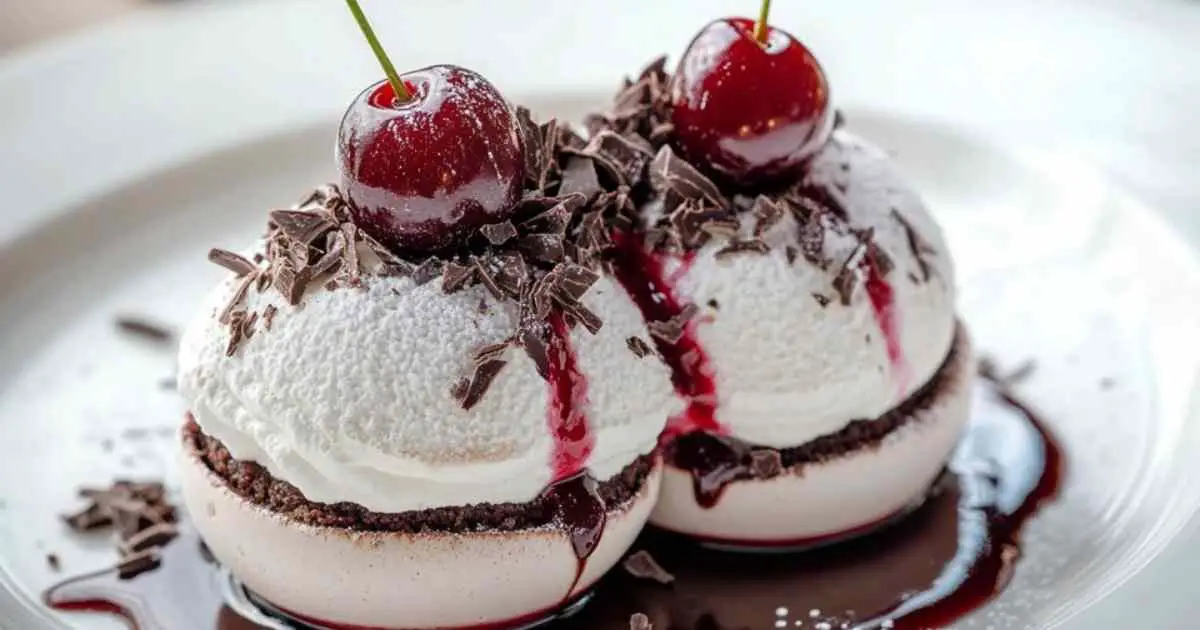Boule meringuée forêt-noire avec copeaux de chocolat et cerise