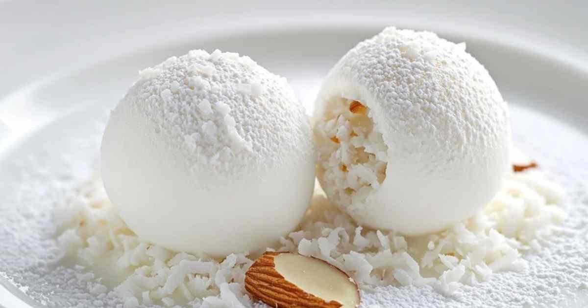 Boules meringuées Raffaello enrobées de noix de coco râpée