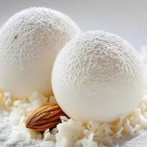 Boule Meringuée Raffaello 3 Coupe d’une boule meringuée Raffaello révélant son cœur fondant