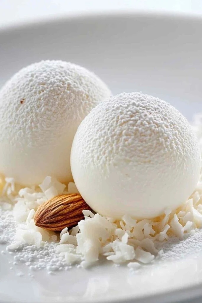 Boule Meringuée Raffaello 2 Coupe d’une boule meringuée Raffaello révélant son cœur fondant