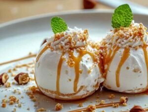 Boules meringuées au caramel beurre salé sur assiette blanche