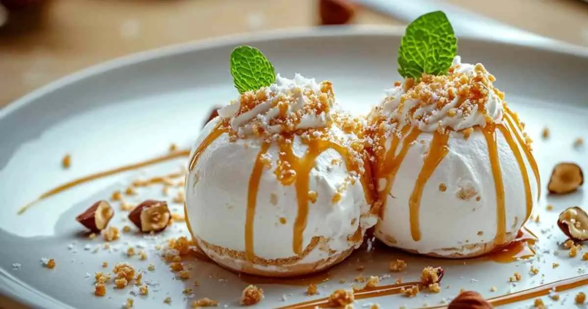 Boules meringuées au caramel beurre salé sur assiette blanche