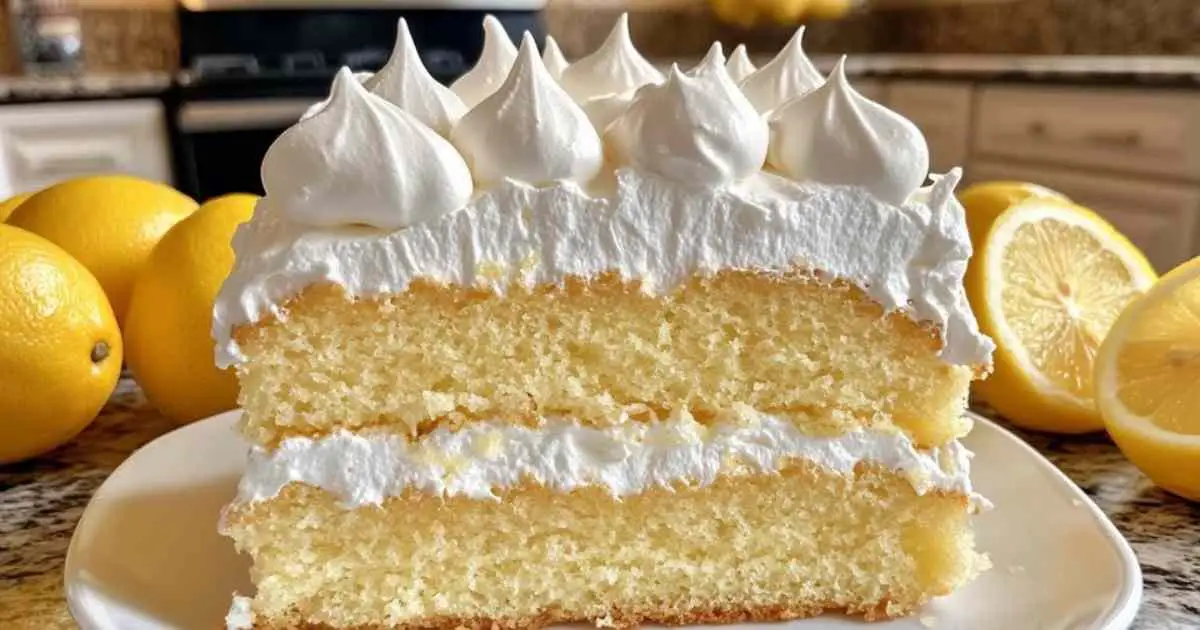 Tranche de cake au citron avec couche de meringue italienne