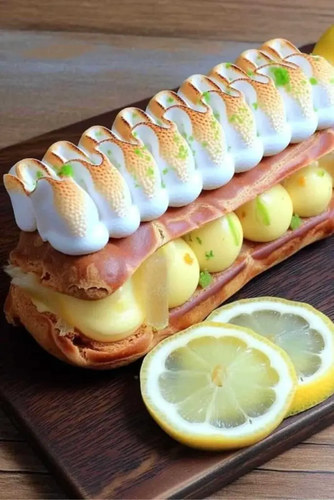 Éclairs Meringués au Citron 2 Éclairs meringués au citron sur présentoir à pâtisserie