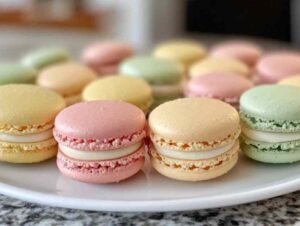 Macarons à la meringue française multicolores sur un plateau argenté