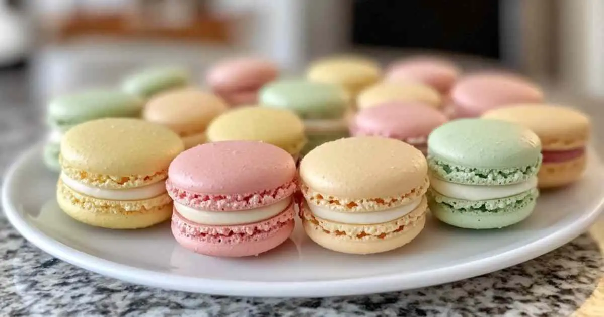 Macarons à la meringue française multicolores sur un plateau argenté