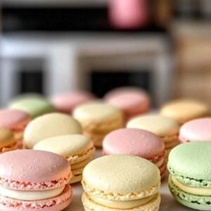 Macarons à la Meringue Française : Le Secret d’une Texture Parfaite 3 Coques de macarons à la meringue française fraîchement cuites