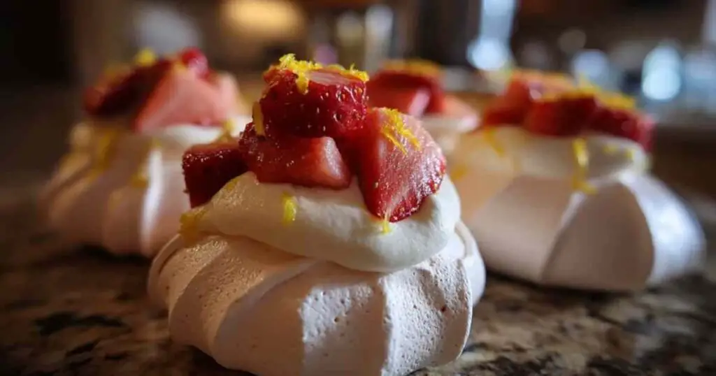 Meringues Crème au Mascarpone et Fraises Vanille Citron 1 Meringues roses garnies de crème mascarpone et fraises fraîches