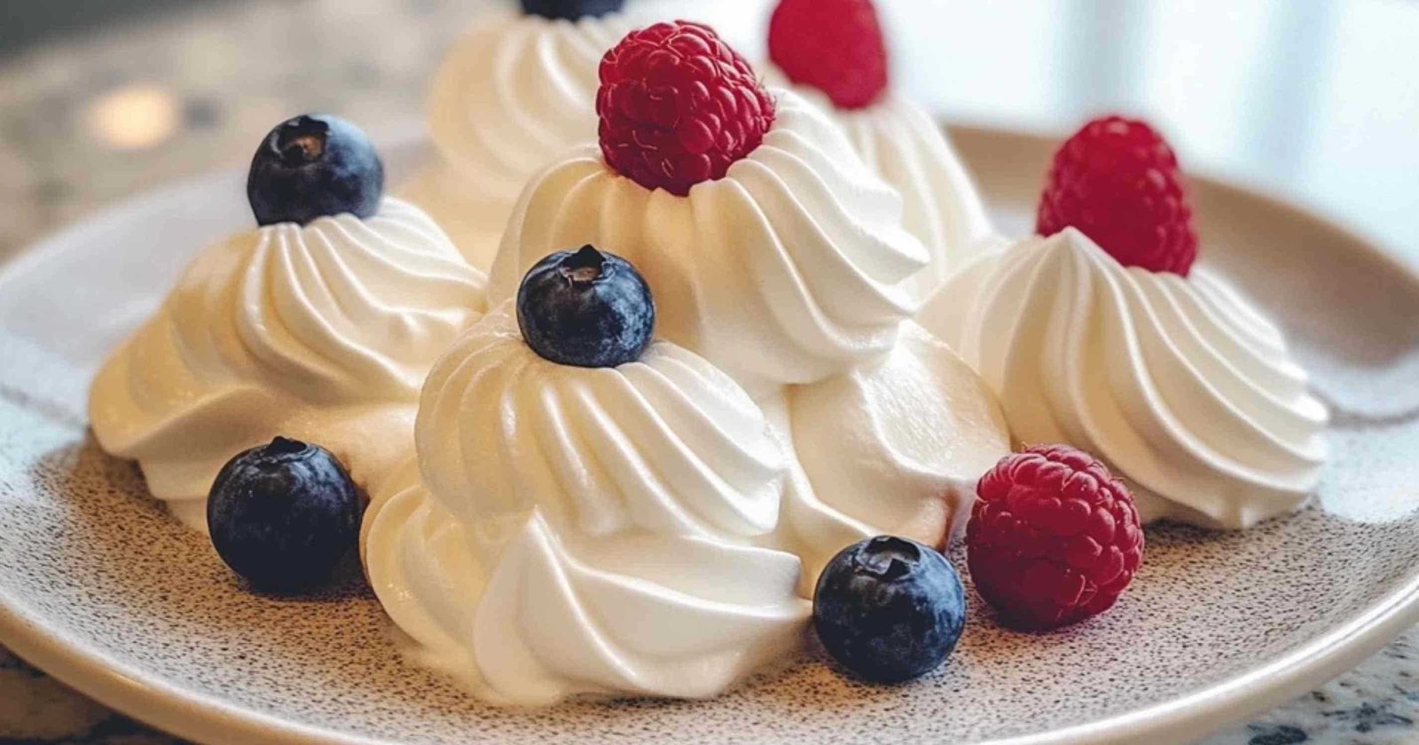 Meringues double crème servies avec fruits rouges frais