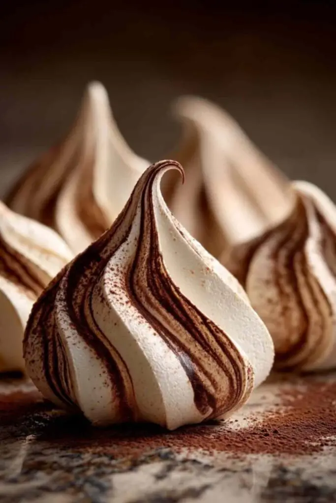 Meringues Marbrées au Cacao 2 Meringues marbrées au cacao croustillantes sur une assiette blanche