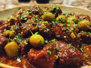 Sauté de veau aux olives dans une cocotte avec sauce onctueuse