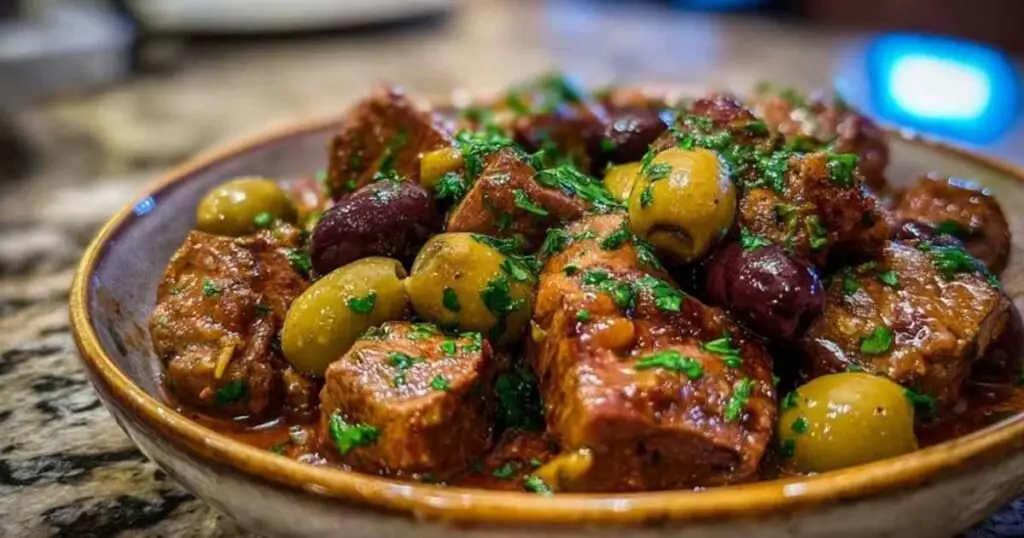 Ingrédients pour sauté de veau aux olives disposés sur un plan de travail