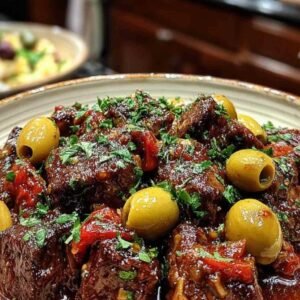 Assiette de sauté de veau aux olives servi avec du riz