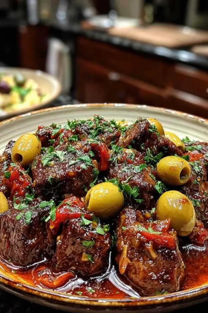 Assiette de sauté de veau aux olives servi avec du riz