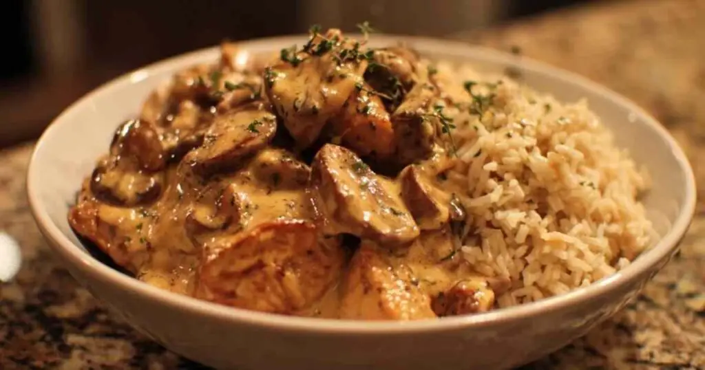 Stroganoff de Champignons 1 Préparation du stroganoff avec champignons dorés dans la poêle