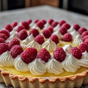 Tarte aux Framboises Meringuée : Un Dessert Élégant aux Saveurs Estivales 3 Part de tarte aux framboises meringuée servie sur une assiette