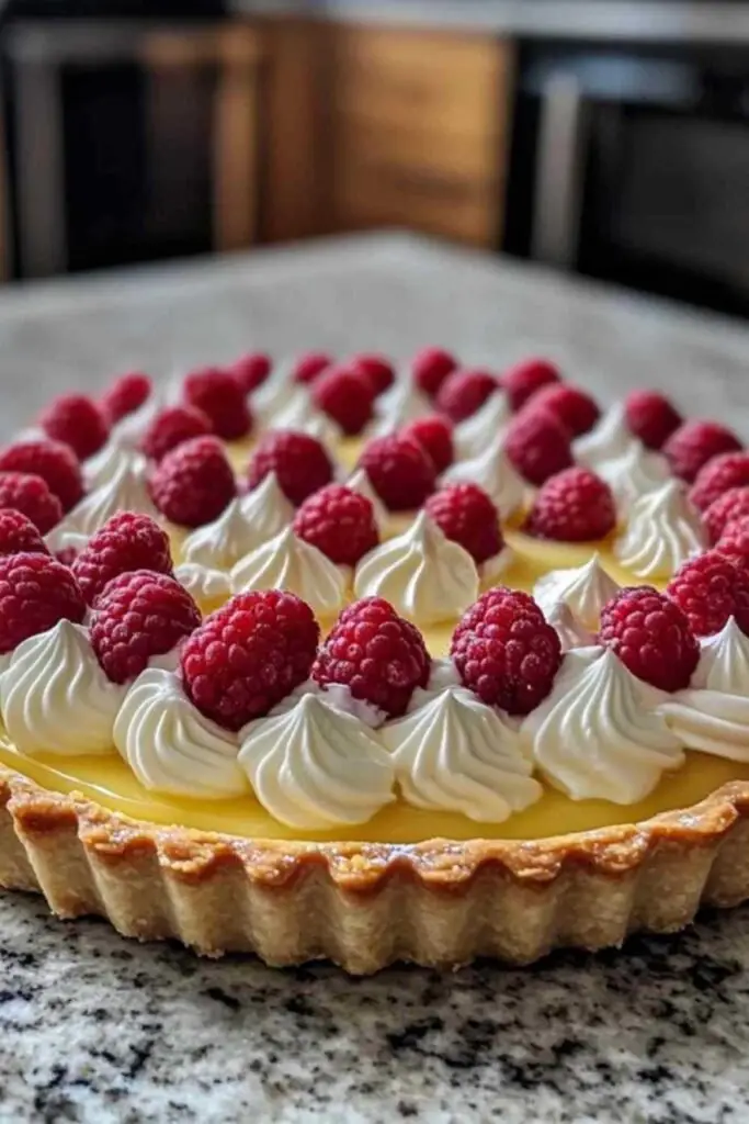 Tarte aux Framboises Meringuée : Un Dessert Élégant aux Saveurs Estivales 2 Part de tarte aux framboises meringuée servie sur une assiette