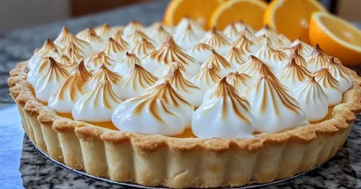 Tarte aux oranges meringuée avec meringue dorée et zestes d’orange
