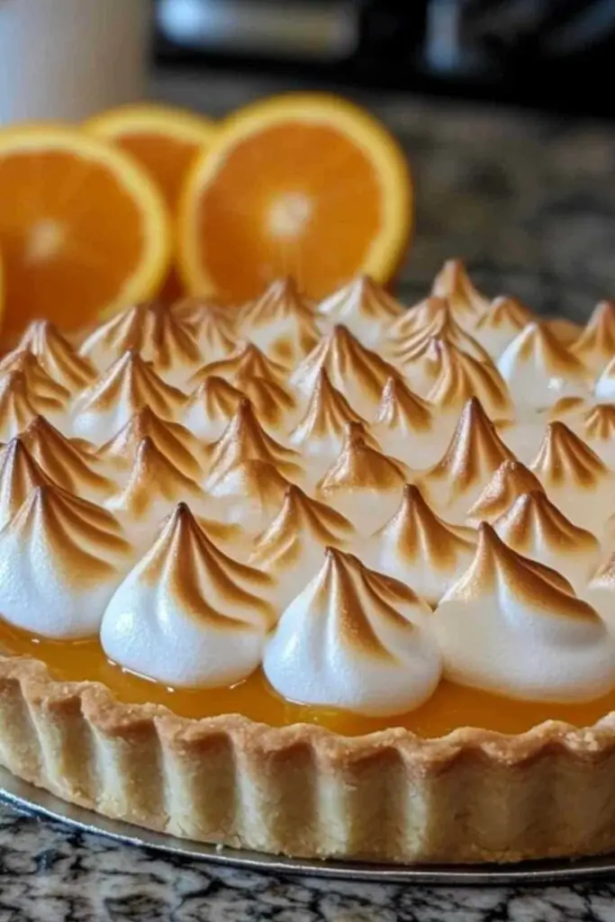 Tarte aux Oranges Meringuée : Un Dessert Ensoleillé et Rafraîchissant 2 Part de tarte aux oranges meringuée servie sur assiette blanche