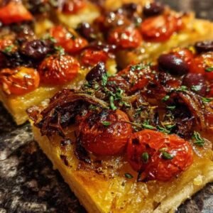 Pissaladière Aux Tomates Rôties 3 Gros plan sur des tomates cerises coupées en deux en train de rôtir sur une plaque de cuisson.