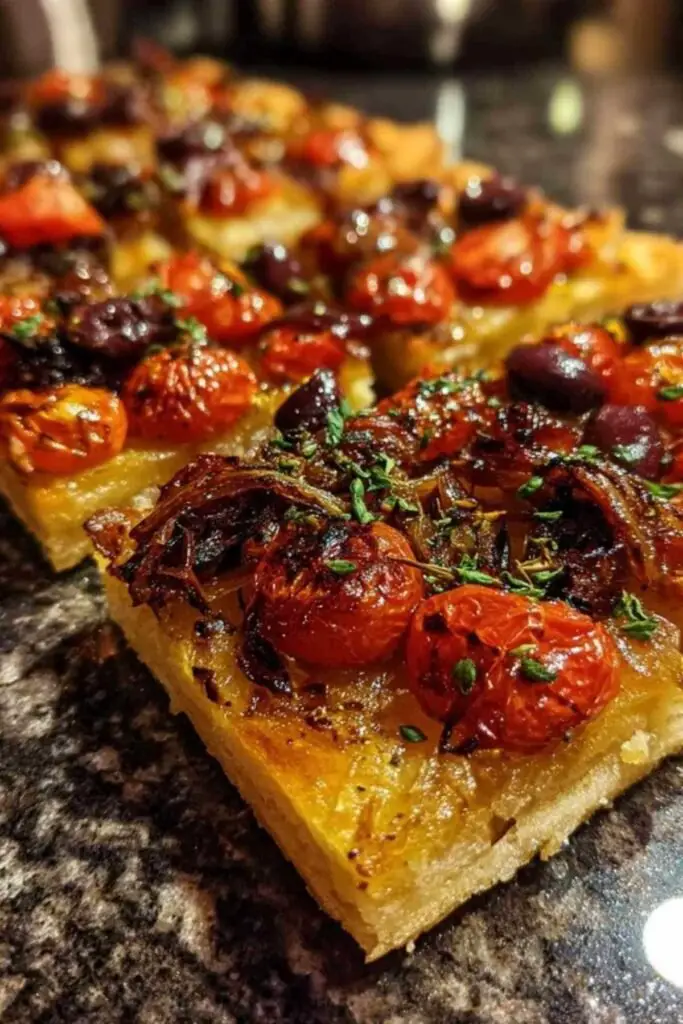 Pissaladière Aux Tomates Rôties 2 Gros plan sur des tomates cerises coupées en deux en train de rôtir sur une plaque de cuisson.