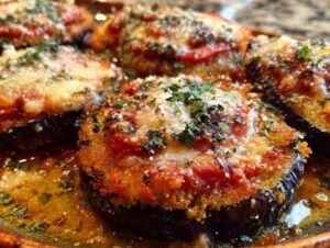 Ingrédients pour aubergine parmigiana croustillante disposés sur plan de travail