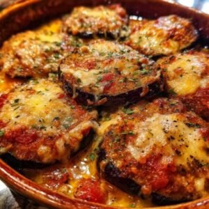 Aubergine Parmigiana Croustillante 3 Rondelles d'aubergine en cours de panage avec chapelure aux herbes