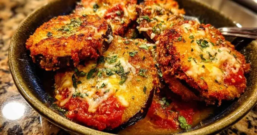 Aubergine Parmigiana Croustillante 1 Aubergine parmigiana croustillante gratinée dorée dans plat de cuisson