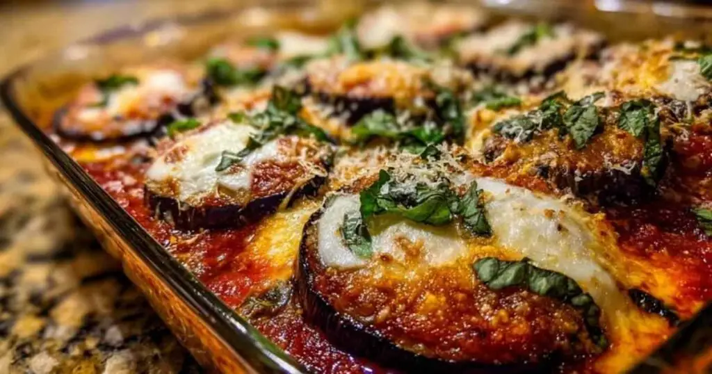 Parmigiana d'aubergines gratinée et dorée sortant du four