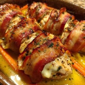 Blanc de Poulet au Cantal 3 Blanc de poulet au Cantal doré servi dans une assiette blanche avec des carottes et des pâtes.