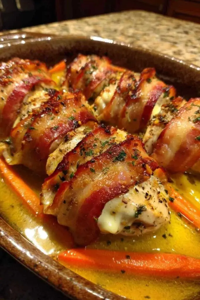 Blanc de Poulet au Cantal 2 Blanc de poulet au Cantal doré servi dans une assiette blanche avec des carottes et des pâtes.