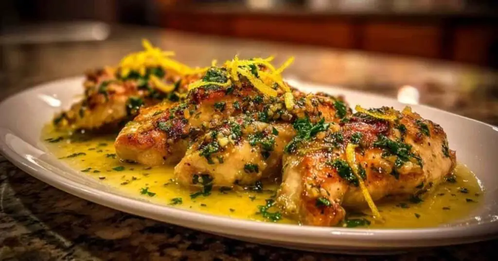 Blancs de Poulet à l’Ail et au Citron 1 Assiette de blancs de poulet au citron servis avec du riz et des légumes verts