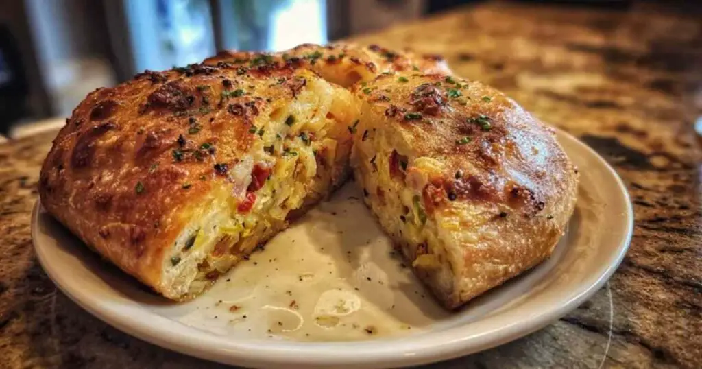 Bohémienne 1 Tranches de Bohémienne dorée révélant une farce colorée aux légumes et au fromage, servies sur une planche en bois.