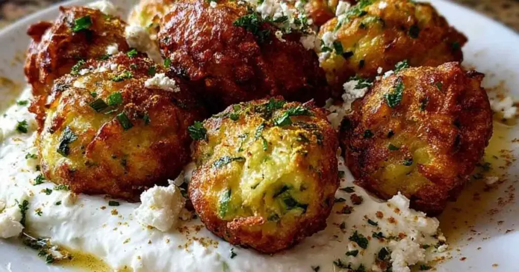 Boulettes de Courgettes à la Feta 1 Boulettes courgettes feta servies sauce yaourt menthe