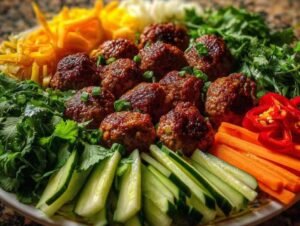 Plat de boulettes vietnamiennes banh-mi dorées, servies avec des légumes croquants et de la coriandre fraîche.