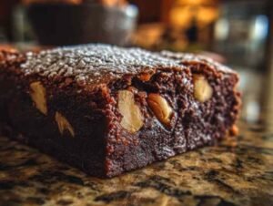 Carrés de brownie moelleux aux noix sur assiette