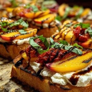 Bruschetta à la Burrata, Tomates Confites et Pêches Grillées 3 Étapes de préparation de la bruschetta à la burrata et pêches grillées