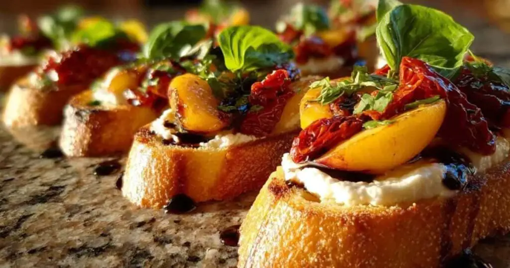 Bruschetta à la Burrata, Tomates Confites et Pêches Grillées 1 Recette bruschetta à la burrata, tomates confites et pêches grillées servie sur une planche en bois