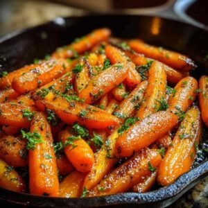 Carottes Rôties au Miel 3 Ingrédients pour les carottes rôties au miel : carottes fraîches, gousses d'ail, un pot de miel et du beurre sur une planche en bois.