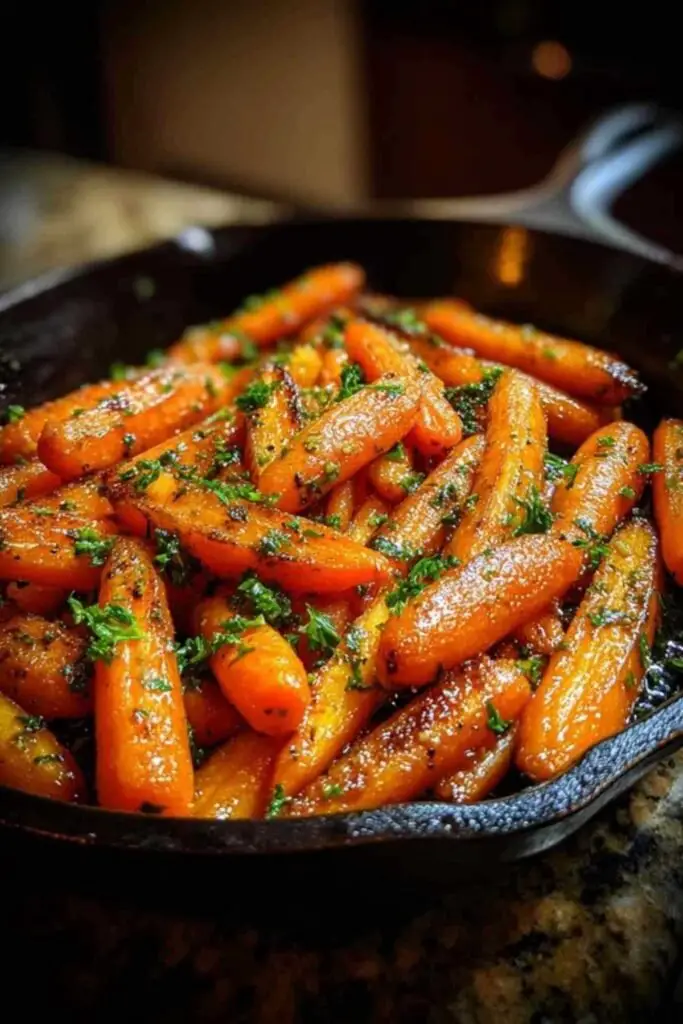 Carottes Rôties au Miel 2 Ingrédients pour les carottes rôties au miel : carottes fraîches, gousses d'ail, un pot de miel et du beurre sur une planche en bois.
