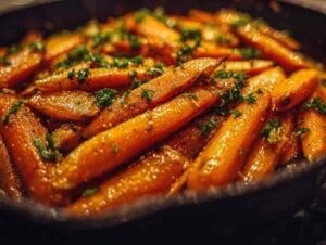 Bâtonnets de carottes dans une poêle en fonte, enrobés de beurre fondu, d'ail, et de miel, prêts à être enfournés.