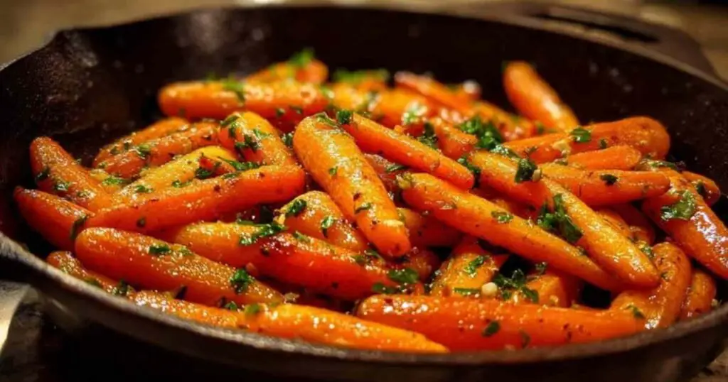 Carottes Rôties au Miel 1 Plat de service rempli de carottes rôties au miel, dorées et caramélisées, parsemées de persil frais haché.