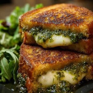 Croque-Monsieur Chèvre Pesto 3 Croque-monsieur chèvre pesto croustillant coupé en deux, posé sur une assiette à côté d'une salade verte.