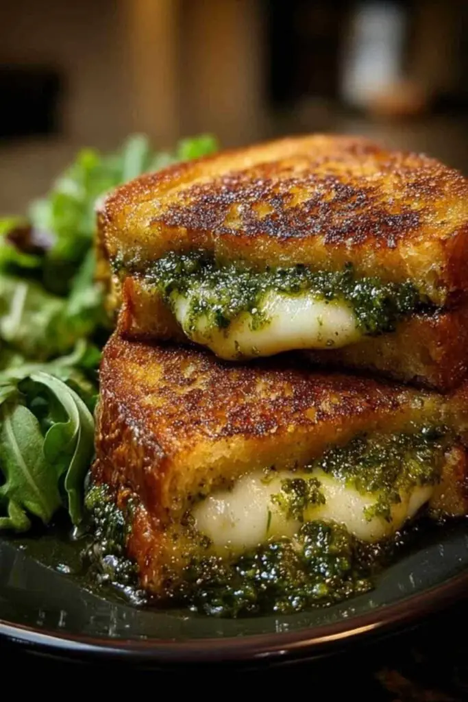 Croque-Monsieur Chèvre Pesto 2 Croque-monsieur chèvre pesto croustillant coupé en deux, posé sur une assiette à côté d'une salade verte.