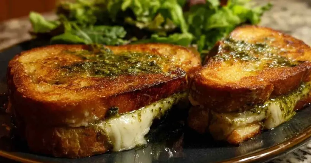 Croque-Monsieur Chèvre Pesto 1 Préparation du croque-monsieur : une main utilise un couteau pour étaler le mélange de fromage de chèvre et de pesto sur une tranche de pain de mie.