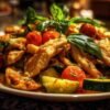 Émincé de poulet aux courgettes et tomates cerises cuisiné dans une poêle noire, garni de basilic frais.